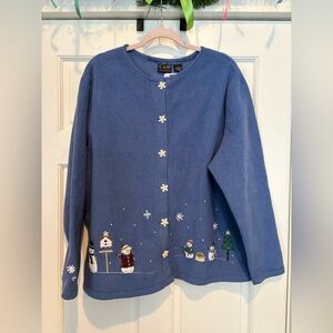 Vintage Fleece Cardigan with Embroidered Snowmen and Winter Scenery Snowflake